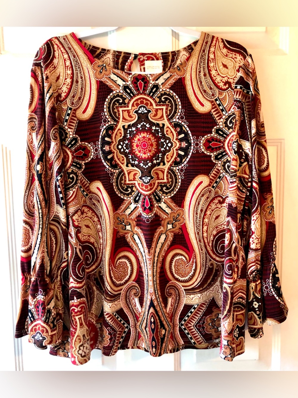 Chico’s Brown Red Tan Bohemian Paisley Print Ruffle Sleeve Blouse Size 2 Large